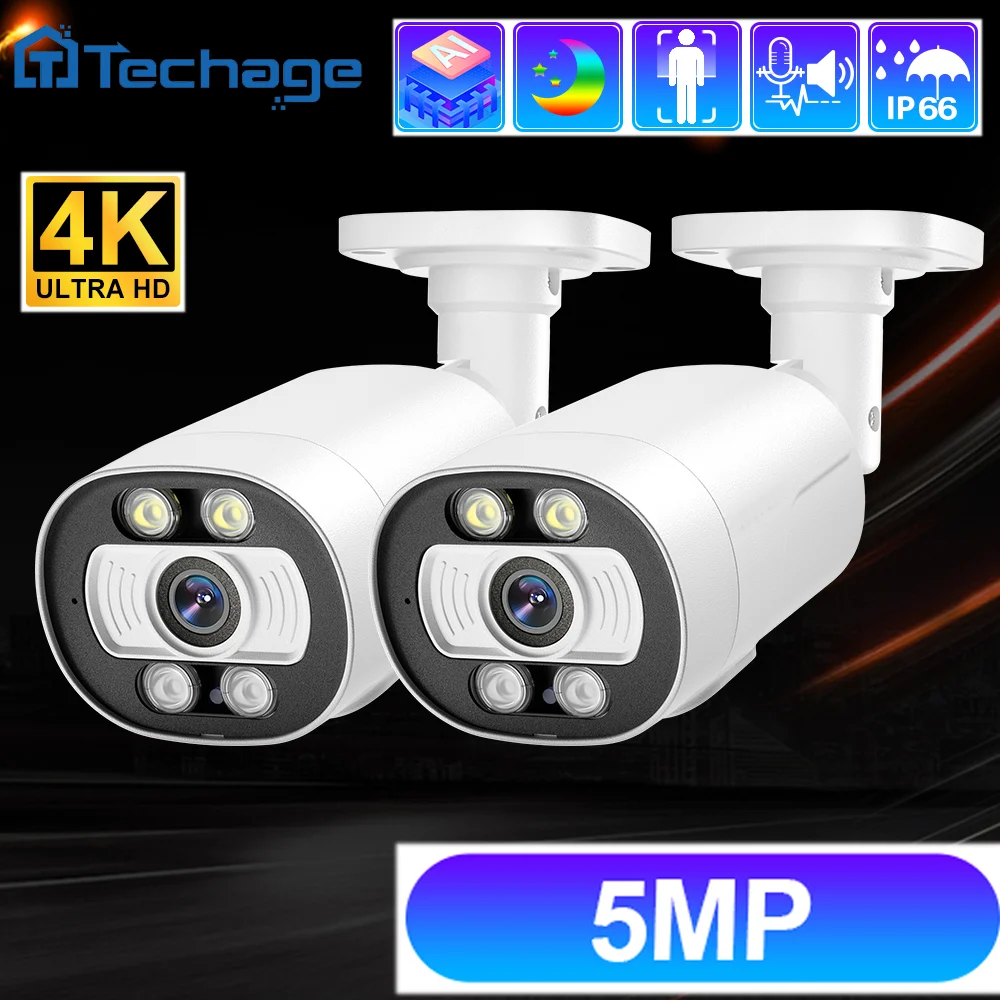 Techage 5MP PoE IP Camera Security AI Human Detection Two-Way Audio H.265 Color Night Vision CCTV Surveillance Camera Outdoor