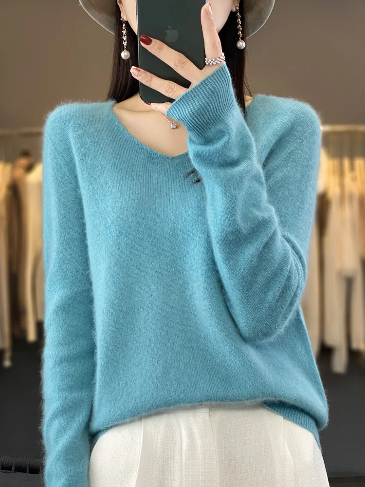 2024 New Womens Basic V-neck Pullover Sweater 100% Merino Wool Long Sleeve Cashmere Knitwear Autumn Winter Female Clothing Tops