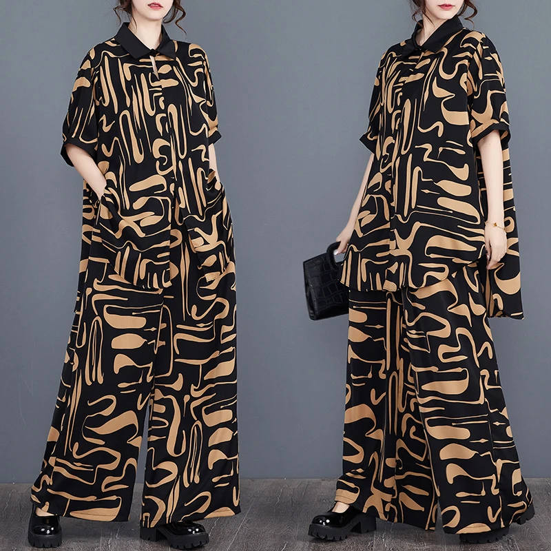 Xiaoxin Faion طوق فضفاض أعلى عارضة رقيقة بوت قطعتين مجموعة زائد حجم السراويل واسعة الساق الصيف وصول جديد