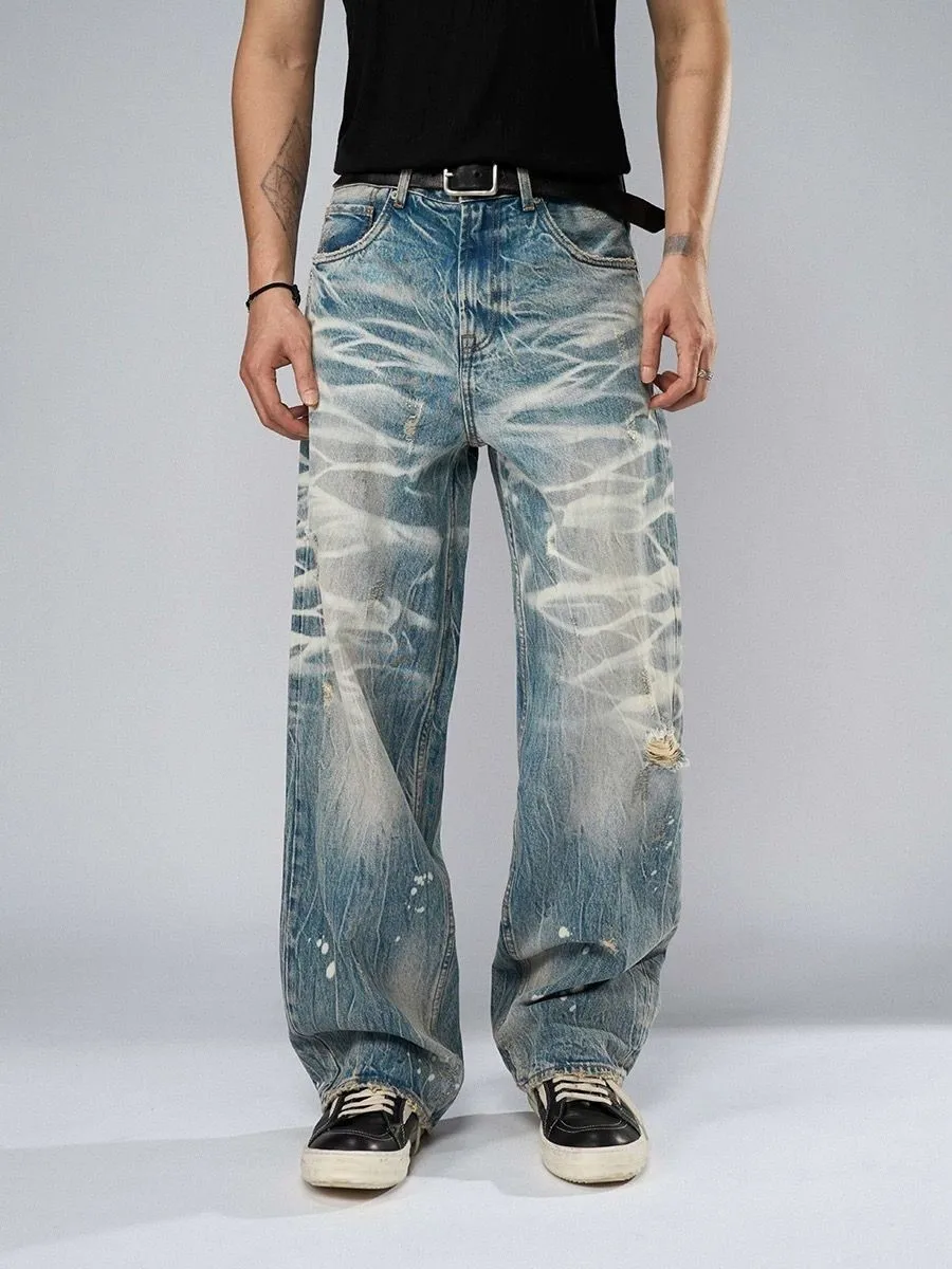 【HME】Men's Jeans | Street‑Style Distressed Denim Pants For Men, Unique Lightning Cat‑Whisker Washed Denim Jeans, Destroy Ripped Baggy Straight‑Leg Male Denim Trousers, Durable Denim Bottoms, Fashion Denim Pants For Urban Daily Casual Outfits