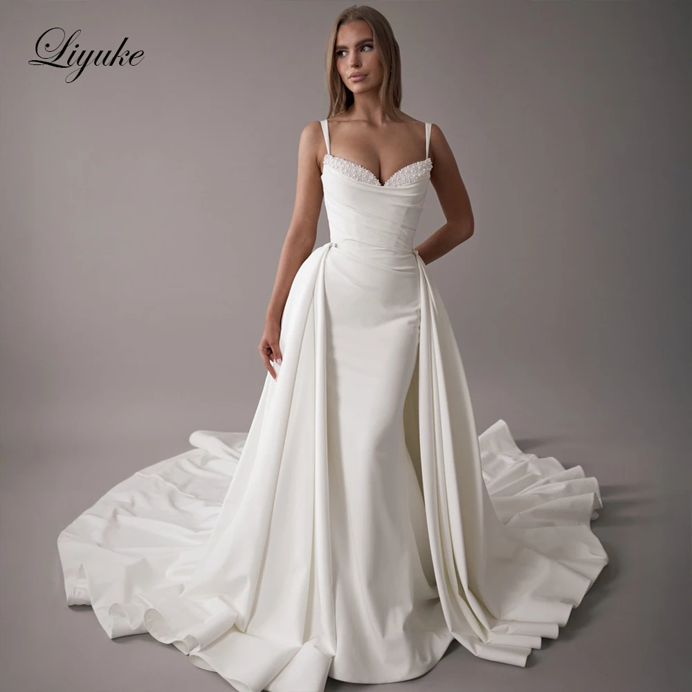 

Liyuke Custom Made Alluring Satin 2 In 1 Mermaid Wedding Dresses Beading Pearls Romantic Removable Train Sweetheart Bridal Gowns