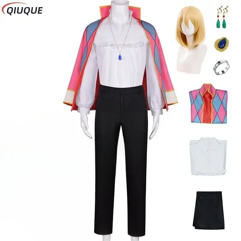 Howl cosplay traje peruca uniformes masculinos anime roupas de halloween casaco brincos colar anel