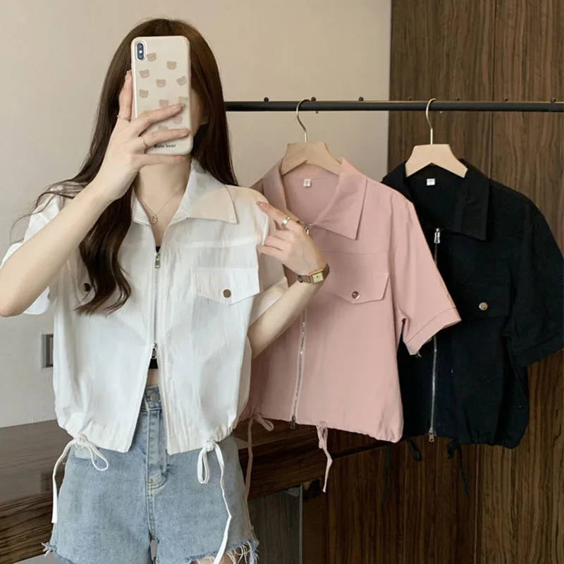 New Summer Short Sleeve Cargo Jacket Women Korean Zipper Drawstring Short Coat Female Black White Turndown Collar Casual Jackets