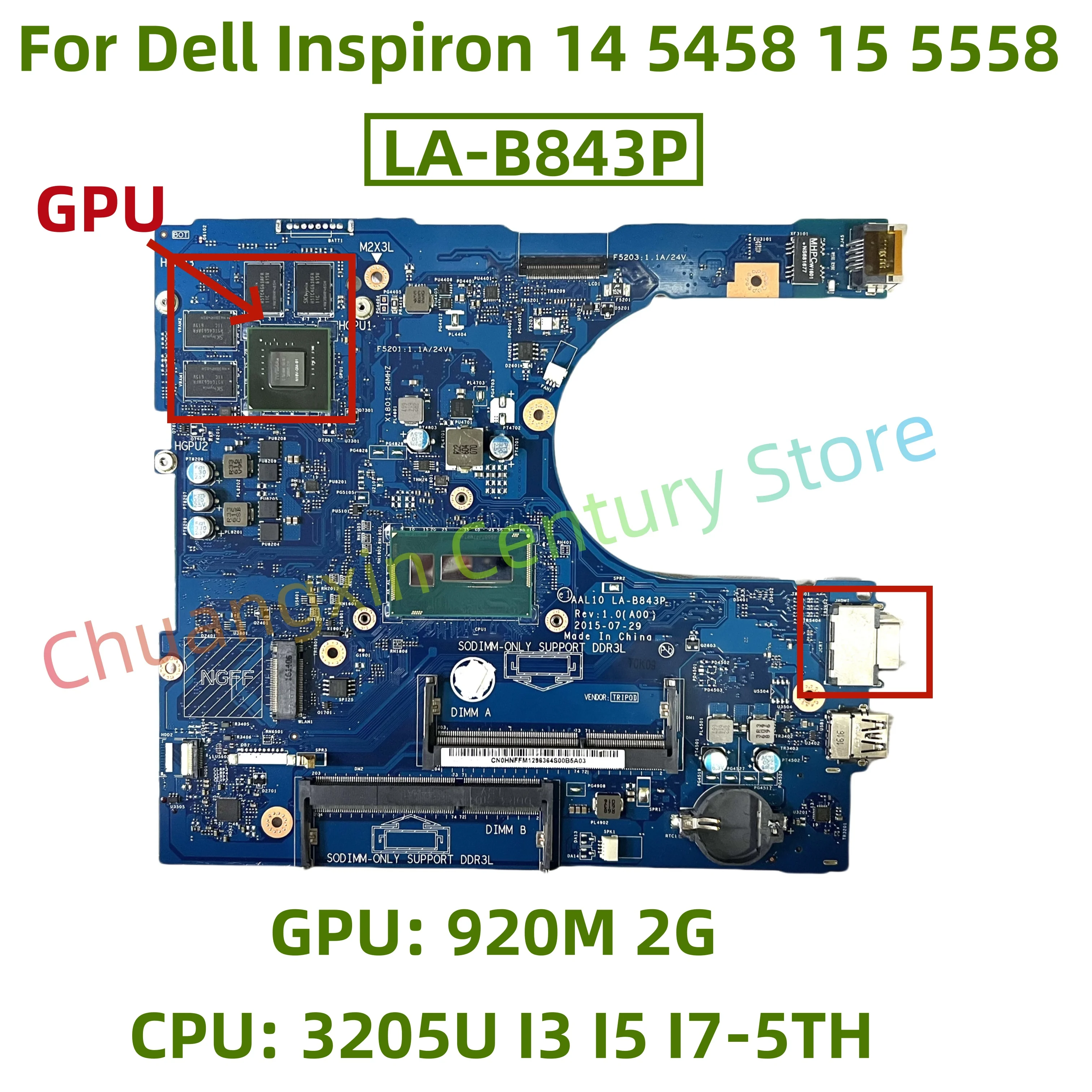 LA-B843P motherboard for Dell Inspiron 14 5458 15 5558 17 5758 Laptop CPU: 3205U I3 I5 I7-5TH GPU: 920M 2G 100% test OK shipping