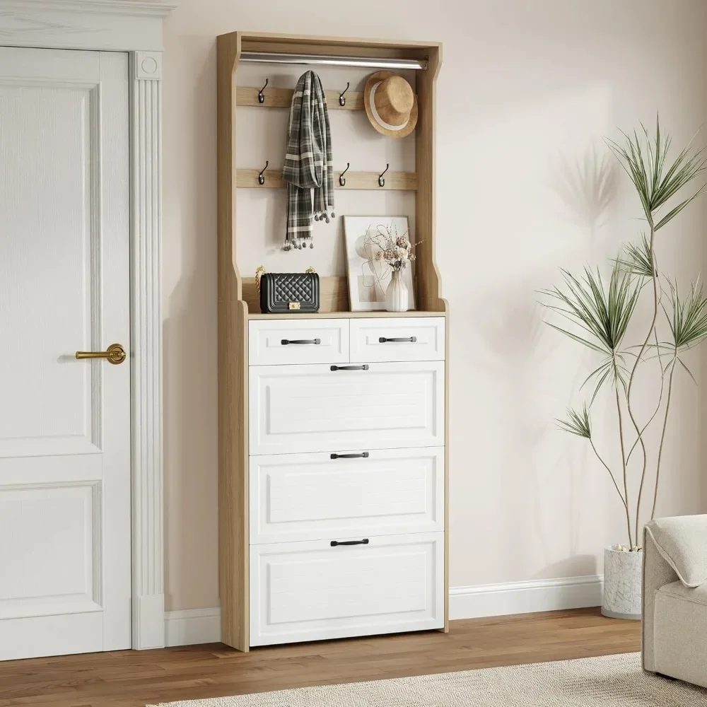 Shoe Cabinet with 3 Doors 2 Drawers with Hanger, Large Space for Storage keeping dust out, PVC Door with Shape (Natural)