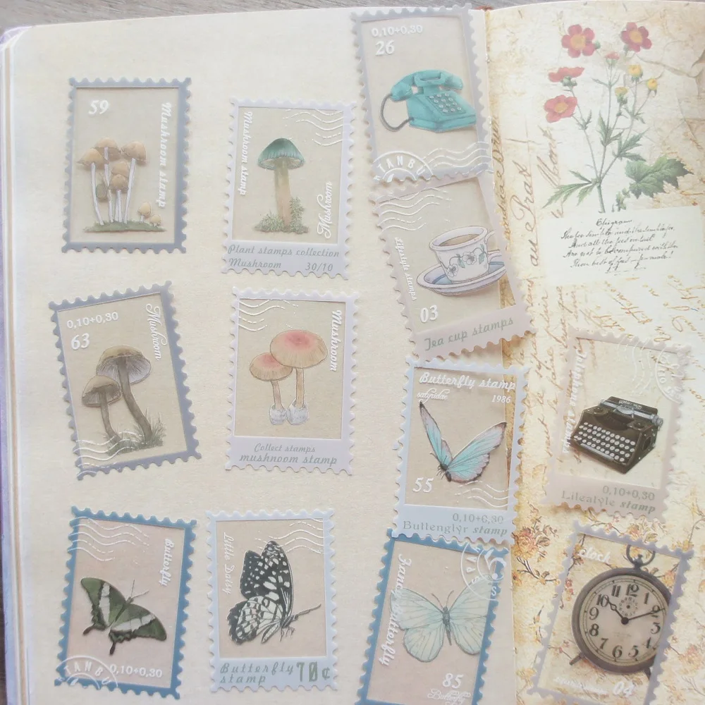 

28pcs Light Color Butterfly Mushroom Leave Stamp Design Sticker Scrapbooking DIY Gift Packing Label Decoration