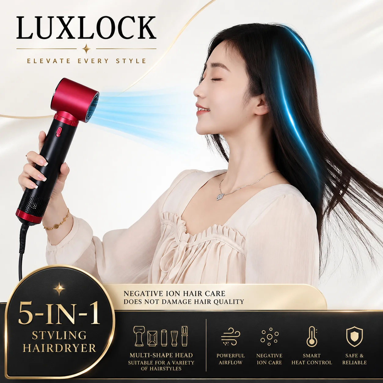 

LUXLOCK Brushless 5-in-1 Hair Dryer Curling Iron Hot Air Comb Hair Straightening Iron Styling Kit - Household Styling Tools Gift