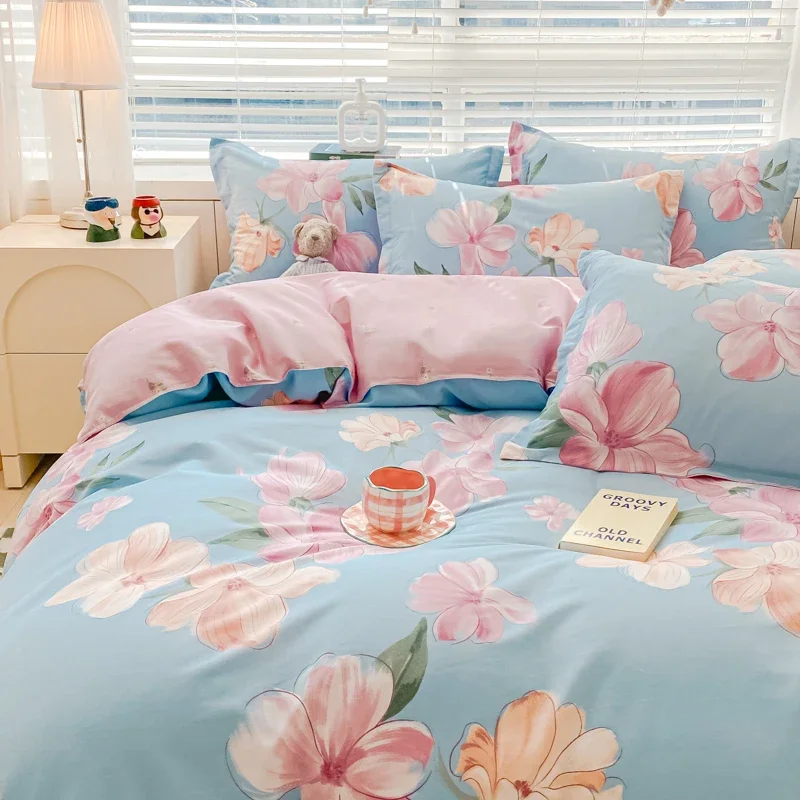 3pcs Pink Plant Floral Double Duvet Cover Set Soft Skin-friendly 100% Cotton King Reversible Comforter Cover Bedroom Decoration