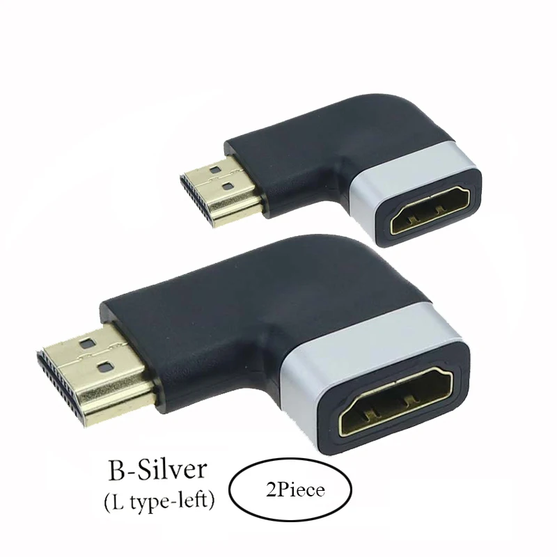 ตัวแปลง HDMI ตัวเมียเป็นตัวผู้ขั้วต่ออะแดปเตอร์ปลั๊กแบบโค้งงอขวาสีเทา/ซ้ายสีเงิน