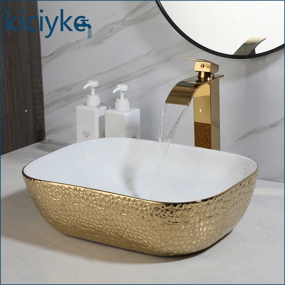 Gold Bathroom Vessel Sink Combos Faucet And Drain Set 24x14 Inch Oval Ceramic Basin Bowl Above Counter Bowl Sinks For Bathrooms