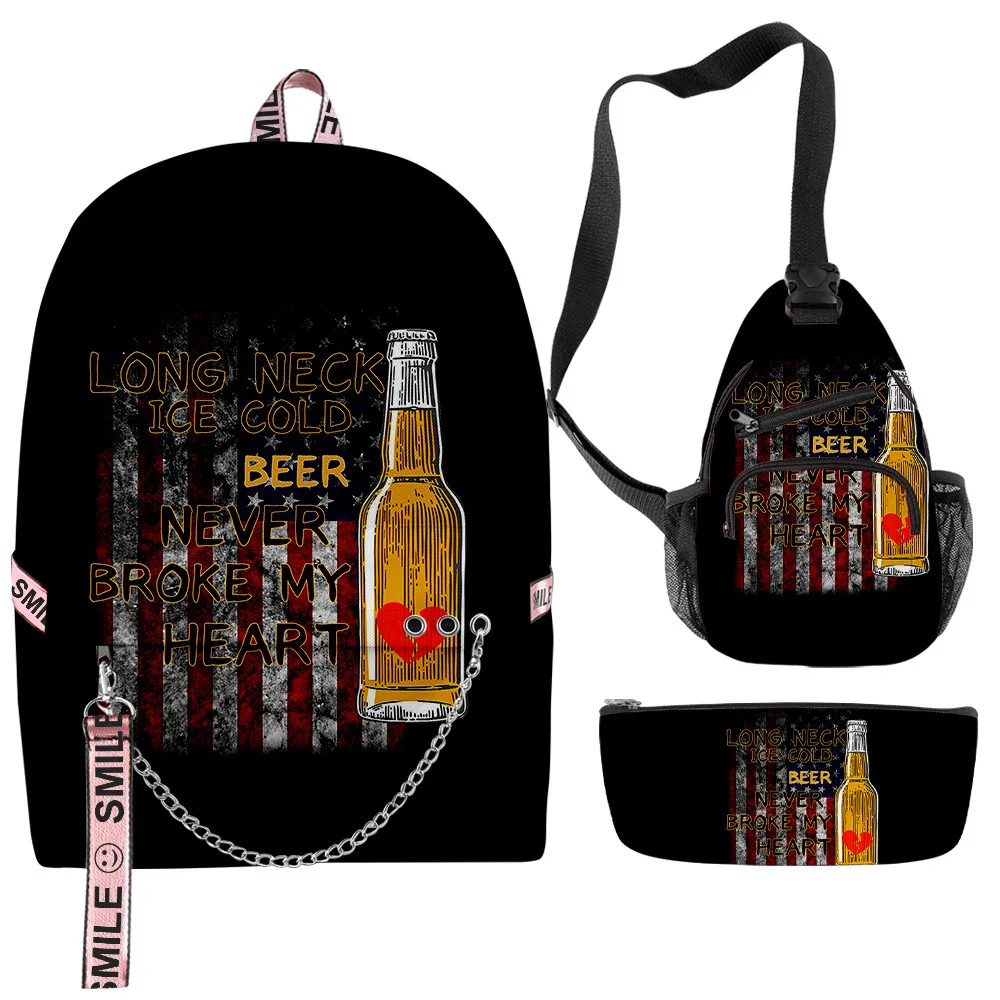 Classic Novelty Peculiar Cool Funny Beer 3D Print 3pcs/Set School Bags multifunction Travel Backpack Chest Bag Pencil Case