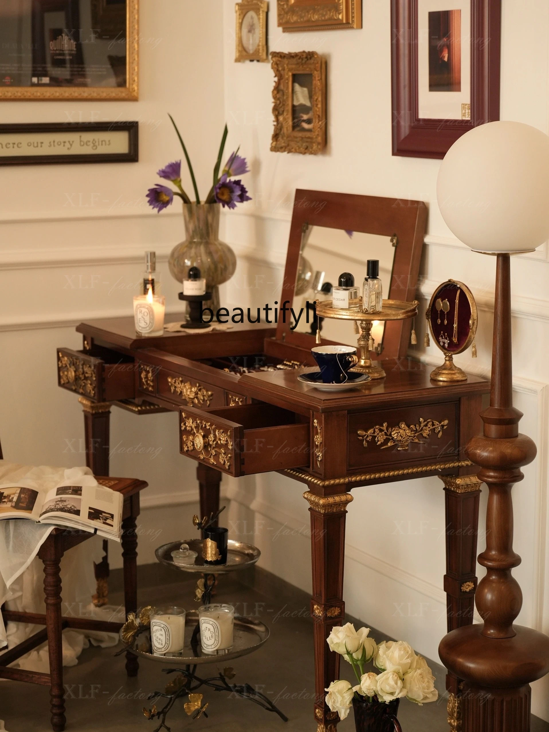 American Dresser Flip Makeup Table Carved Solid Wood British Small Apartment Windsor Castle Furniture