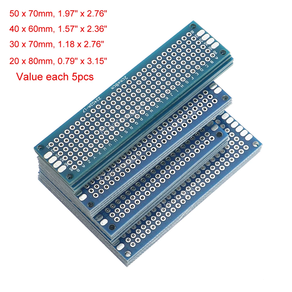 

20 шт. синих универсальных макетных плат PCB (двусторонние, 3x7, 4x6, 5x7, 7x9 см) для экспериментов и прототипирования электроники DIY