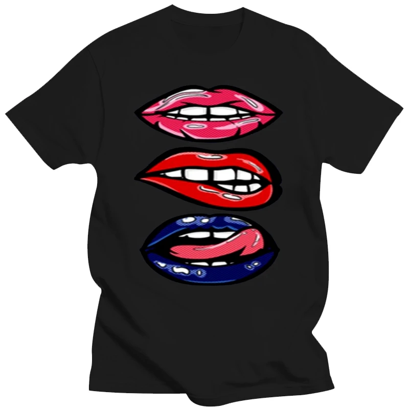 Fashion Pop Art T-Shirt, Biting Red Lips Kiss Tee Tshirt Man 100% Cotton Cool Male Comics Men T Shirts 2020 Short-Sleeve