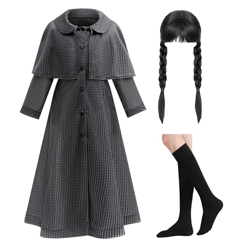 Girl Girl Costume Black Plaid Long Coat Kid Halloween Cosplay Costume Character Carnival Party With Wig And Socks Sets For Children - Aliexpress Deal