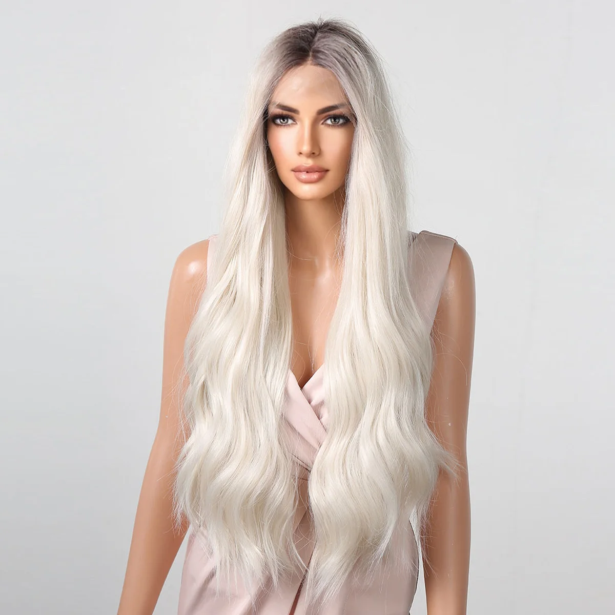 HENRY MARGU Long Platinum Blonde Lace Front Wigs Ombre Blonde Synthetic Wig Natural Wavy Daily Hair 13*1 T Part Lace Wig