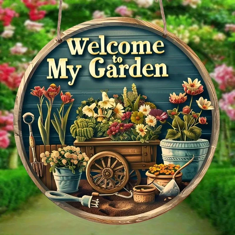 1 Piece 2D Welcome to My Garden Sign 8 Inch Round Wooden Wall Sign for Indoor and Outdoor Farm Restaurant Garden Bar Cafe