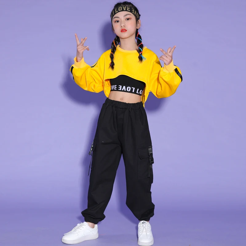 Meninas hip hop roupas jazz traje kpop outfit colheita topos calças de carga crianças moderno rua dança roupas desempenho wear bl8155