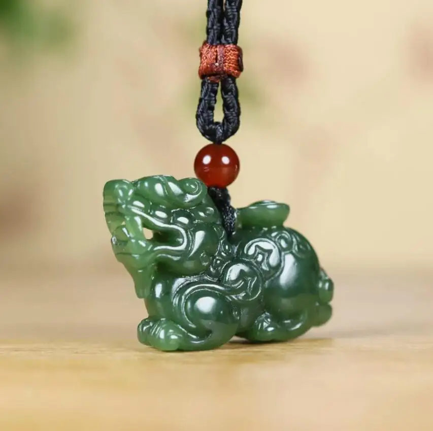 China Natural Grade A Green HeTian Jade jasper jadeite Hand-Carved pendant PiXiu