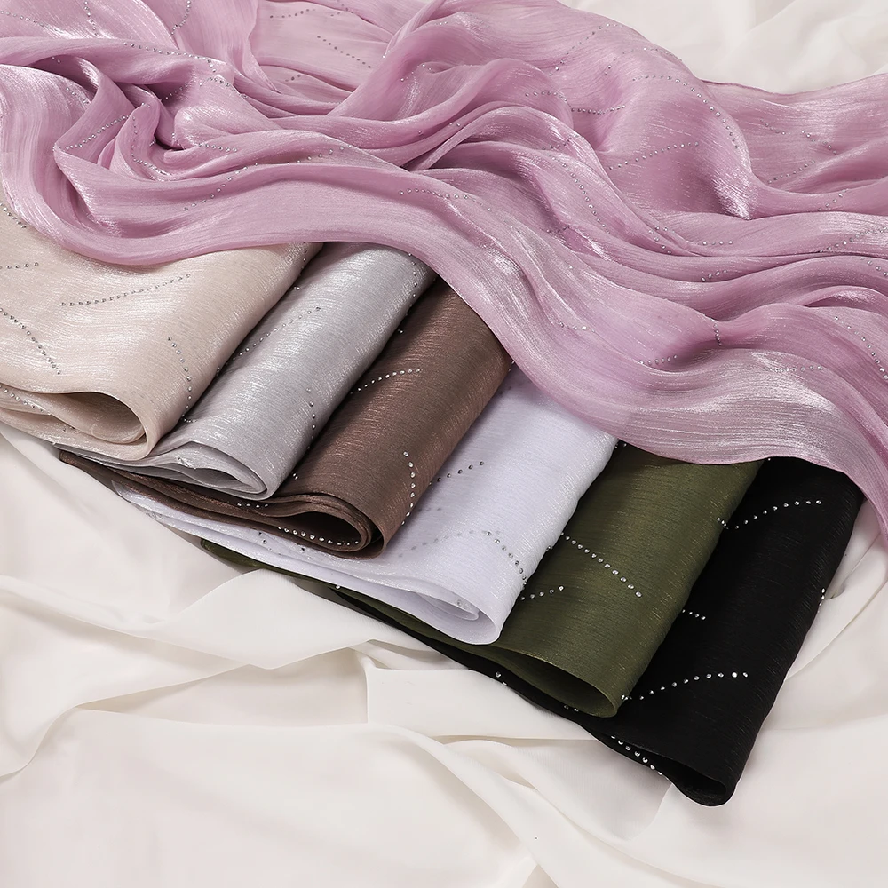 Luxury Shimmer Crinkle Hijab Chiffon Rhinestone Scarf Sparkling Hot Drill Muslim Head Scarf Shawl Wrap Ramadan Eid