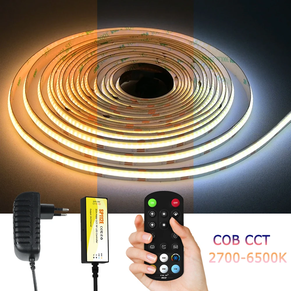 RF Remote Control 12V COB CCT LED Strip 1m 2m 3m 5m 10m Dimmable Flexible Dual White Cabinet Bed Room Light Tape Band 2700-6500K