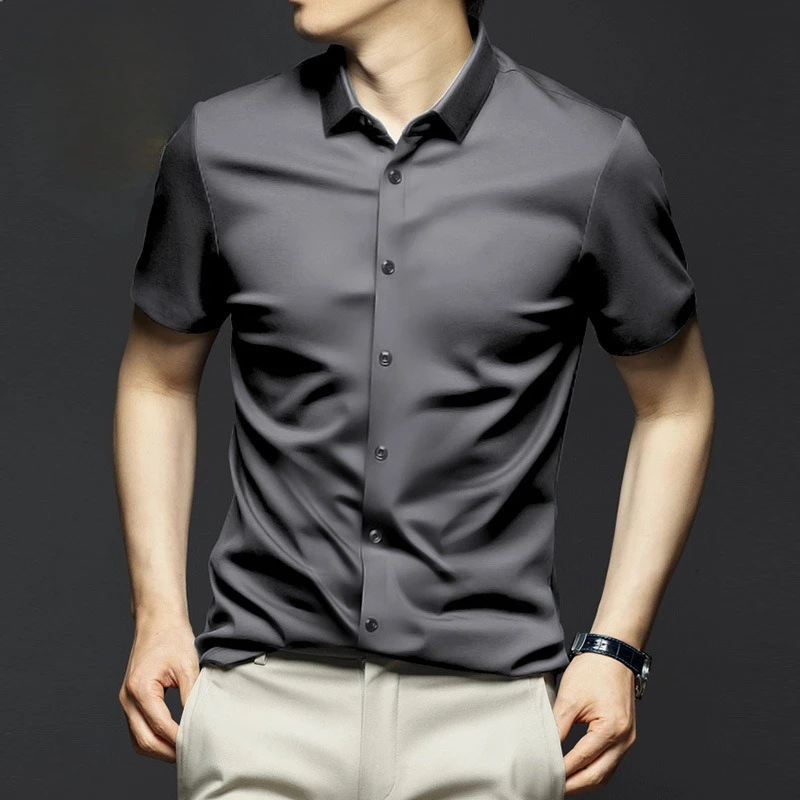 

Men's Dress Shirt Short Sleeve Fashion Ice Silk Easy Care Luxury Business Soft Cozy Casual Men Shirt Short Sleeves White Black