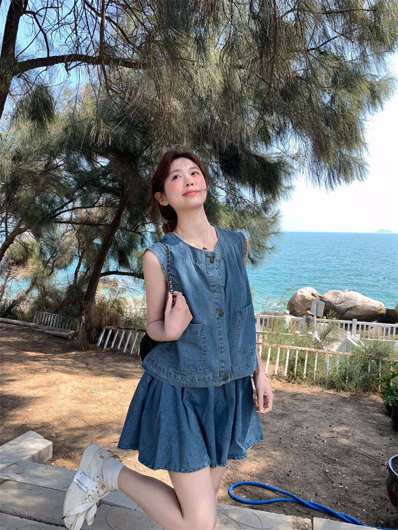 

Gothiscyn Casual Denim Suit Women's Summer Retro O-neck Vest High Waisted Mini A-line Skirt Two-piece Set Fashion Female Clothes