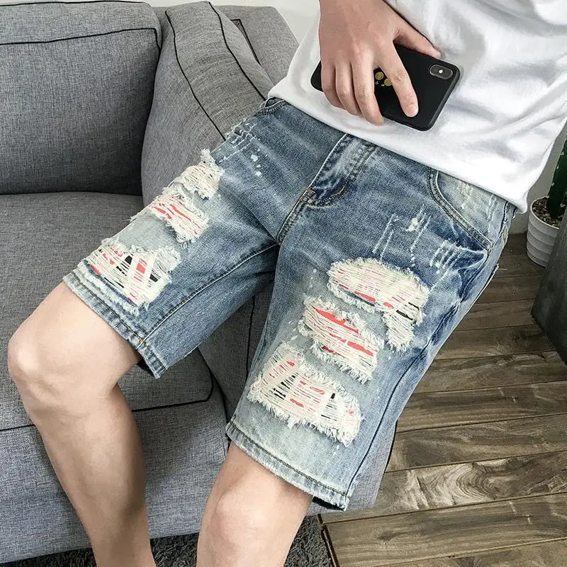 

Men's Short Jeans Pants Blue Ripped Male Bermuda Denim Shorts Popular Trend 2025 Y2k Fashion Vintage New in Thin Designer Jorts