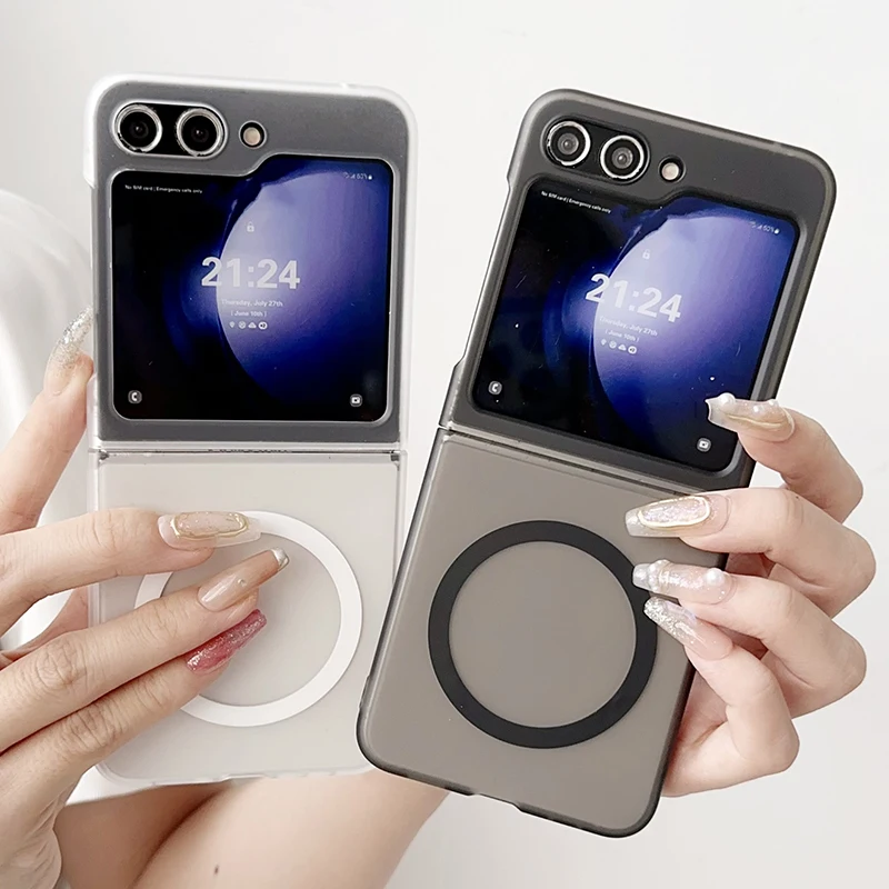 Ice Mist Translucent Magnetic Case For Samsung Galaxy Z Flip 7 Flip 6 5 4 3 Tempered Transparent Shockproof Ultrathin Hard Cover