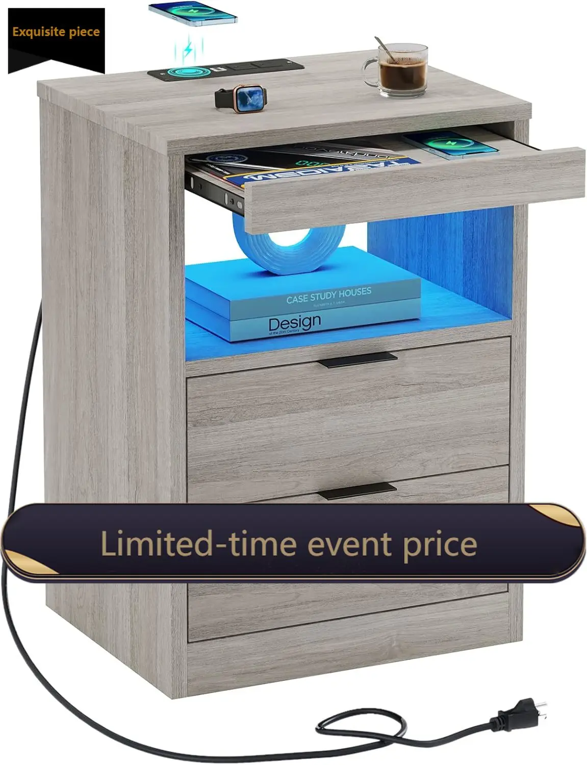 

Modern Grey Nightstand Wireless Charging Led Lights Two Drawers Open Storage Pull Out Shelf Bedroom Bedside End Table