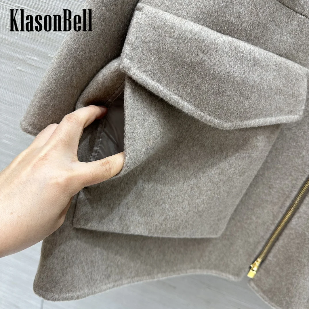 9.2 KlasonBell Women\'s Hooded Adjustable Drawstring Waist Double-Side Wool Coat Vintage Fashion Big Pocket Zipper Outerwear