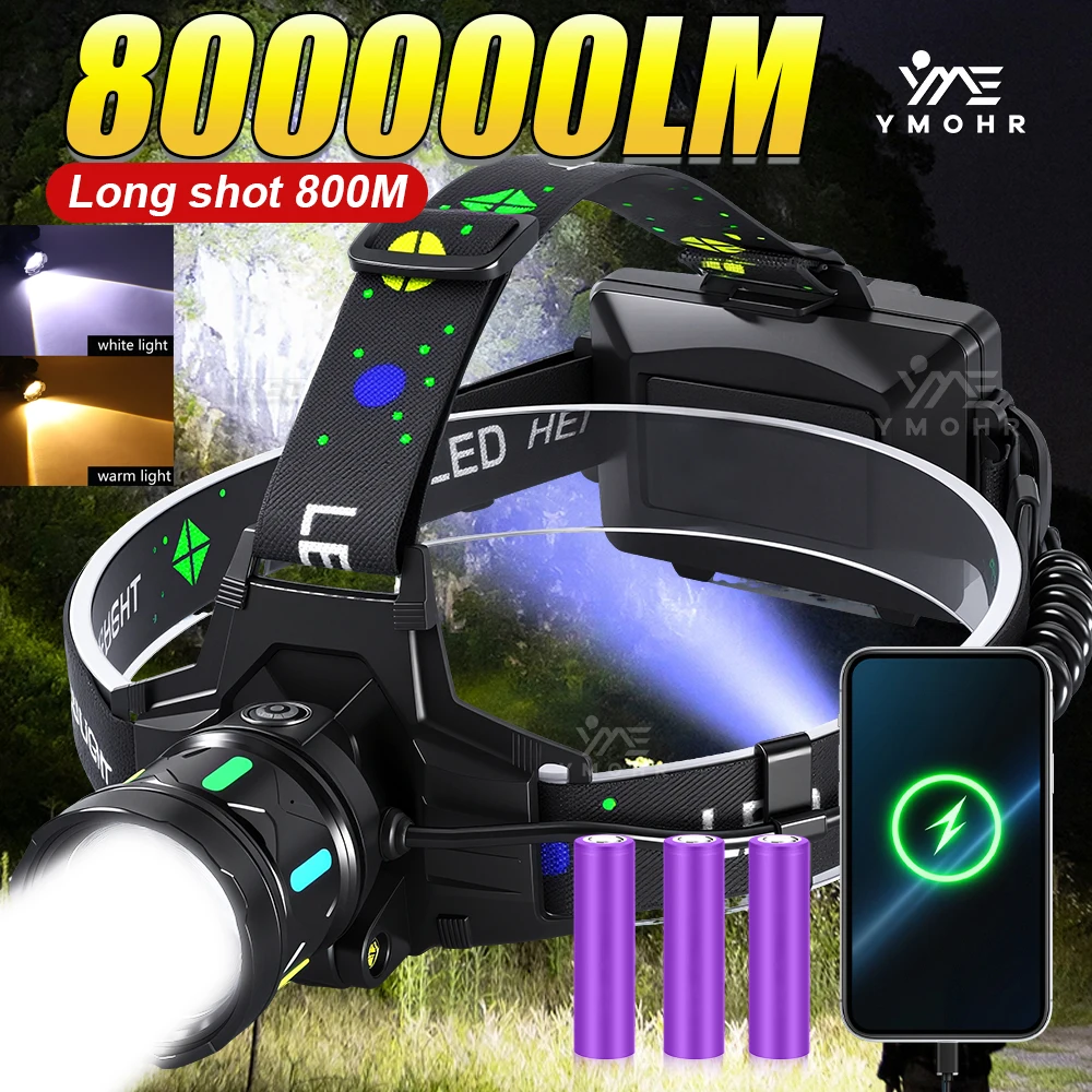

800000LM Ultra Powerful LED Headlamp Super Bright 800M Zoom Head Flashlight Rechargeable Fishing Hunting Headlight 18650 Battery