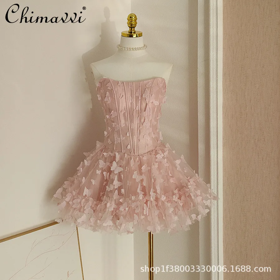 

French Sweet Elegant Celebrity Strapless Dress 3D Cut Butterfly High Waist Fishbone Lace Up Slim Puffy Short Party Dress Women