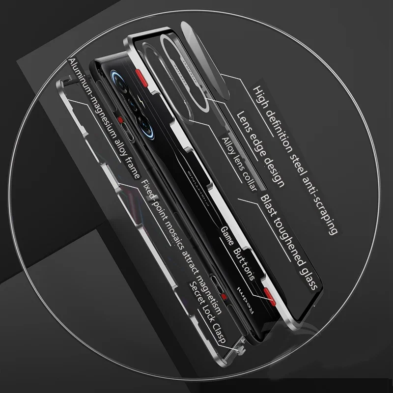 

Double Sided Glass Metal Magnetic Snap Lock Case For Redmi Note 11S 11T 13 12 Pro Plus 5G K50i Camera Lens Protect Cover Cases