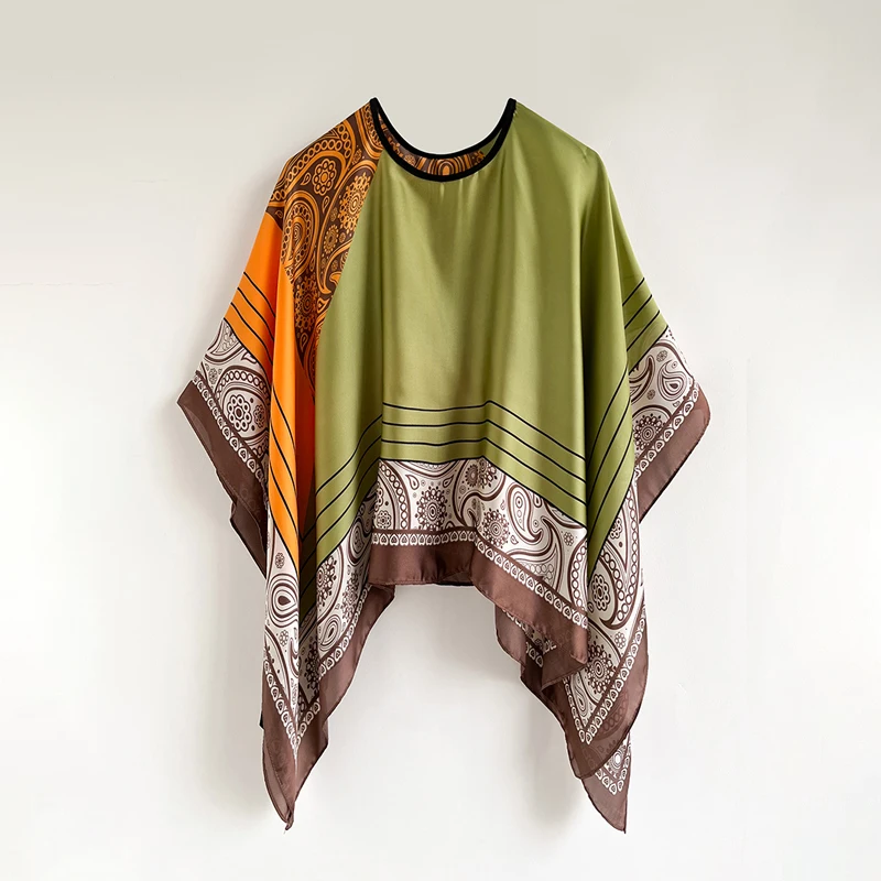 110Cm Square Shawls Summer Beach Sexy Women Fashion Print Silk Smock Blouse Sunscreen Comfortable Poncho 2024