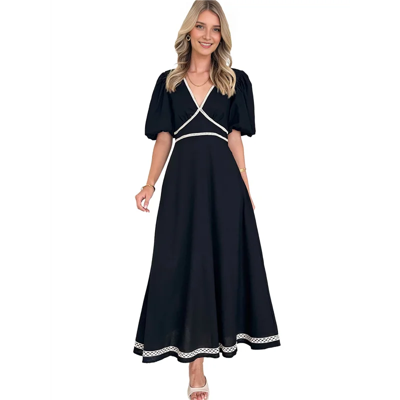 فستان CYL-Women's 2025 رسمي أنيق كاجوال بياقة على شكل V وأكمام منتفخة على شكل حرف a فستان ماكسي متأرجح #3