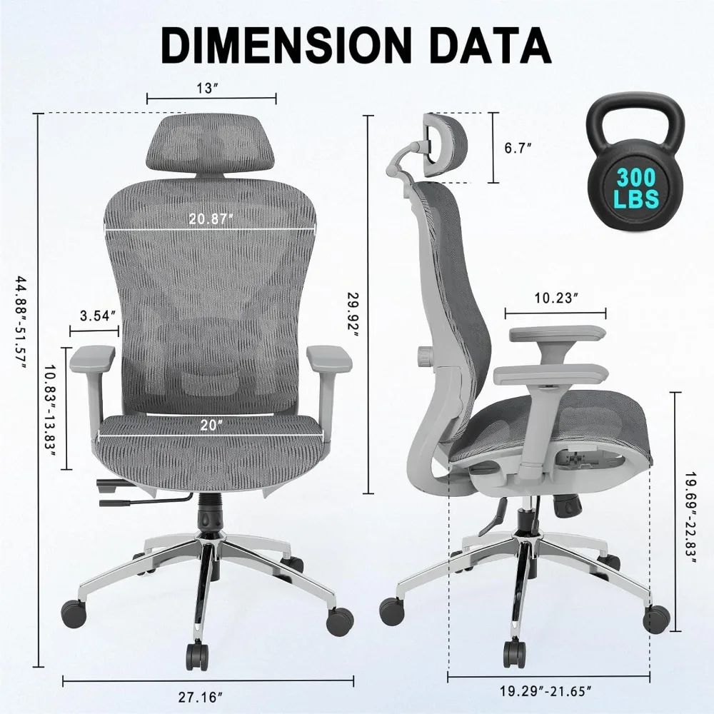 Ergonomic Office Chair, Big and Tall Office Chair with Tilt Function, mesh Office Chair with 3D Lumbar Support, 3D Bi-axial