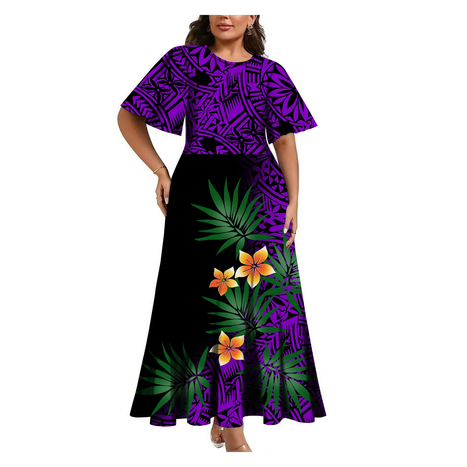 This High-Quality Polynesian Women'S Dress Is Made Of Soft Fabric And Features A Round Neck Medium Sleeves And A Loose Skirt