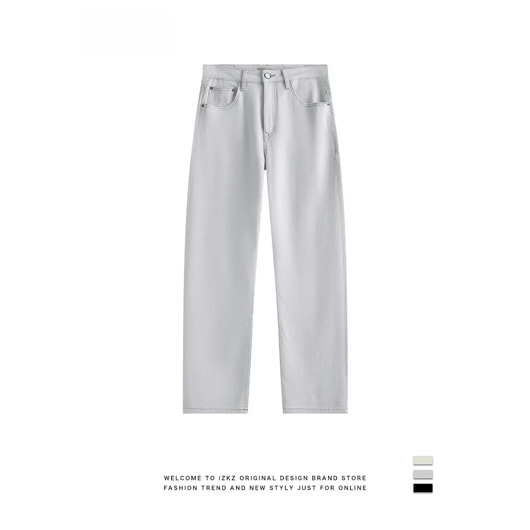 

Waed Denim Straight Leg mid Waist Casual Light ey Spring Summer Long Pants Youth Faion Daily Wear Jeans