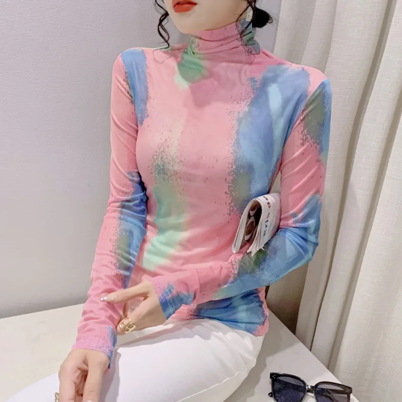 #8004 Tie Dye Printed Mesh T Shirt Women Sexy Thin Stretch Turtleneck T-shirt Female Slim Retro Women's Tee Shirt Thin Spring 