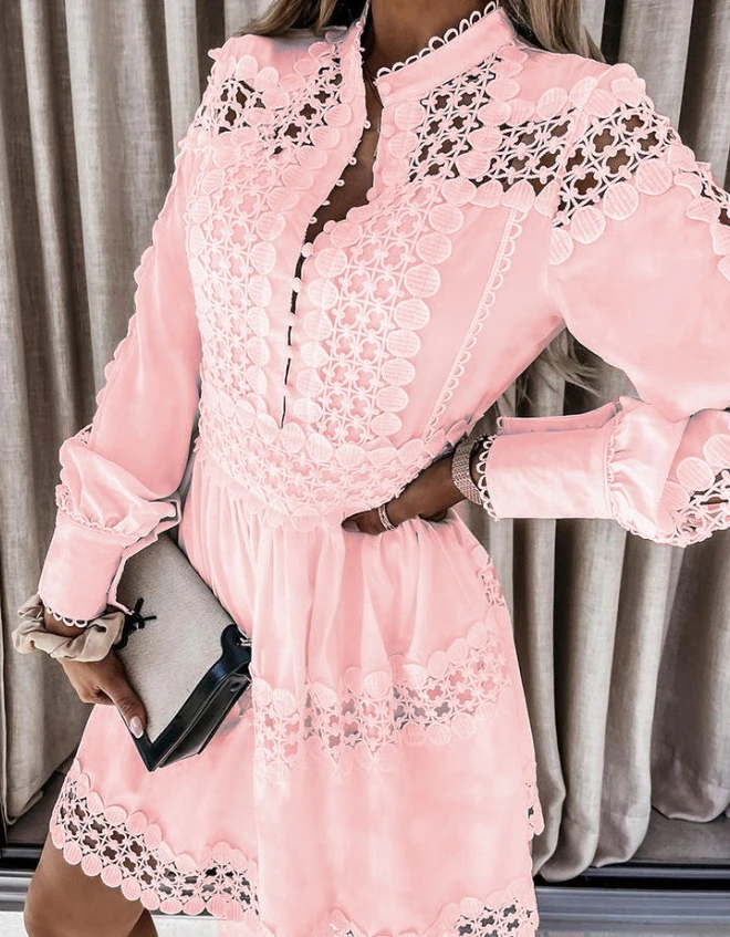 

Women's Spring Lace Trim Mini Dress Mandarin Collar and Long Sleeves Shirtdress