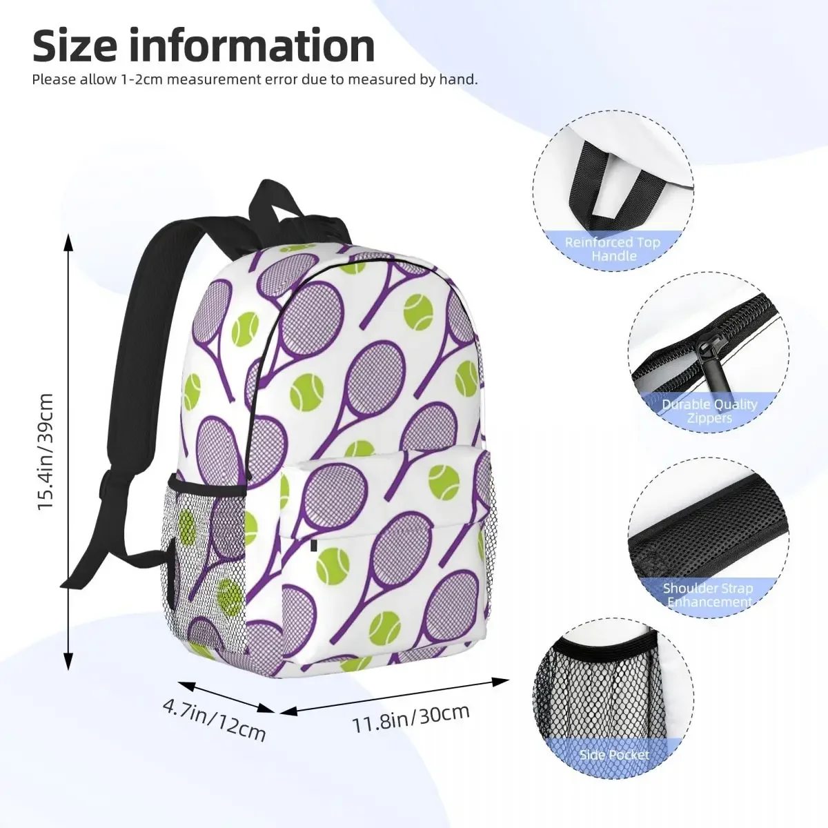 Purple Tennis Rackets Pattern Backpack Boy Girl Bookbag Fashion Children School Bags Travel Rucksack Shoulder Bag Large Capacity