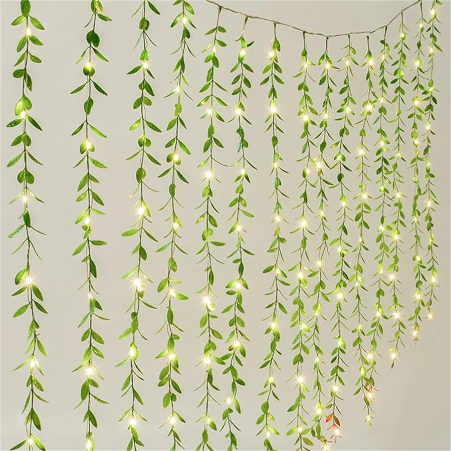 

3X2M 200 LED Artificial Vines Curtain Lights Fake Willow Leaves Curtain Fairy Lights USB Powered Green Fake Plant String Light