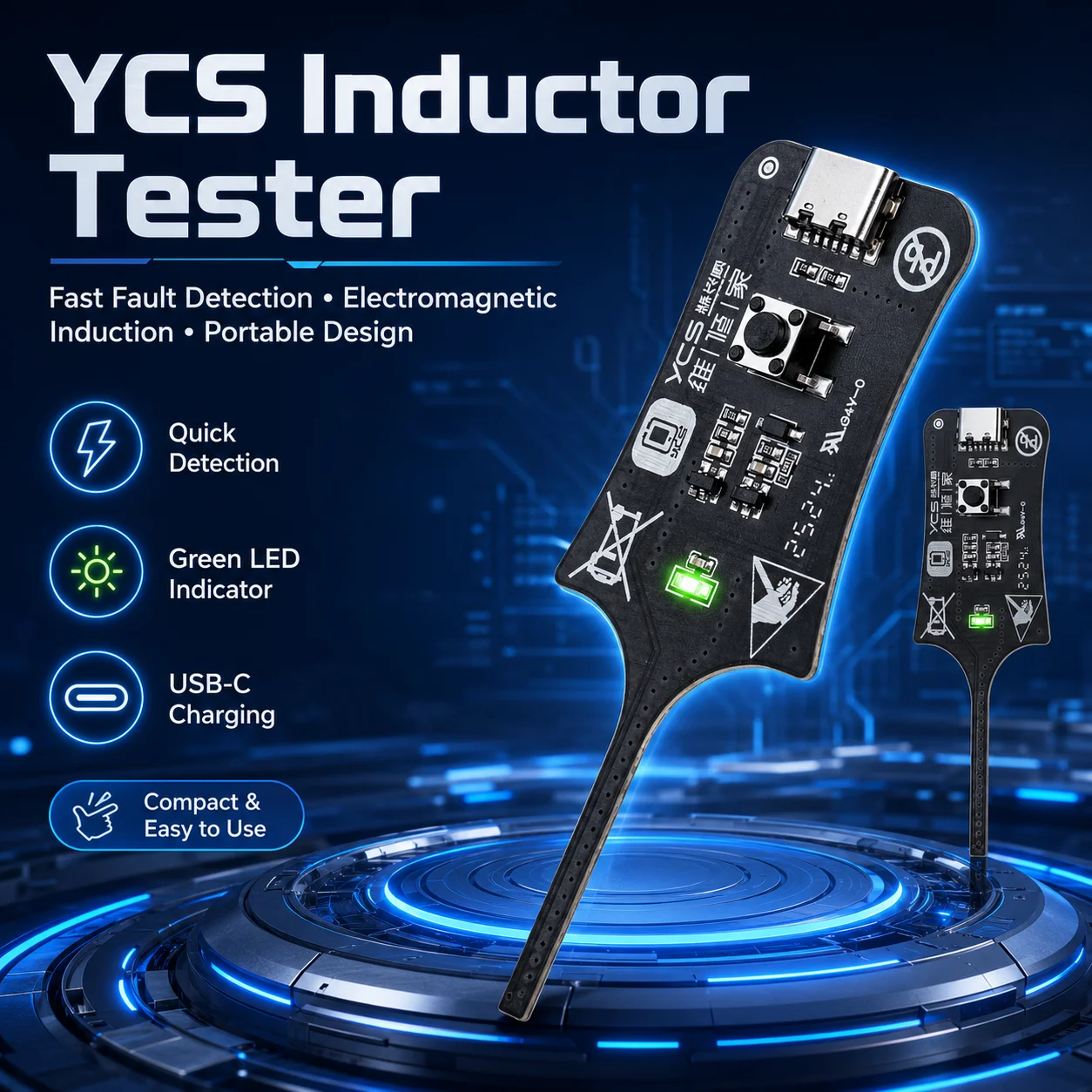 

YCS Inductor Tester, Fast Fault Detection Motherboard Coil Detector with Green LED Indicator, USB-C Charging PCB Repair Tool