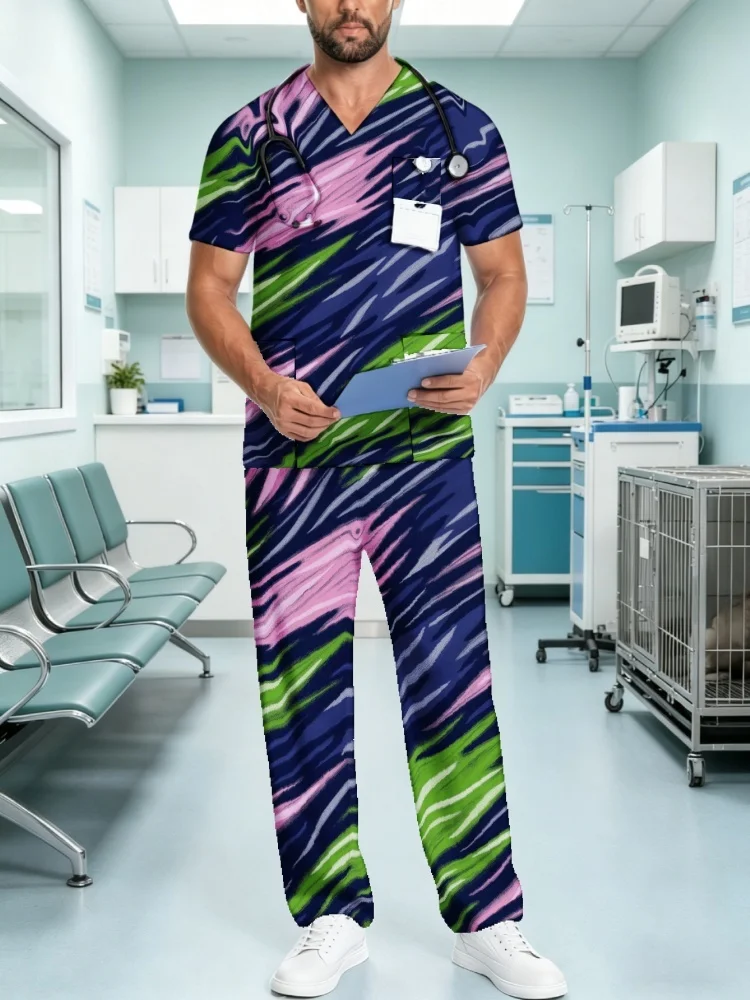 Hot Sale Mens Printed Medical Scrubs Uniform Multi Pockets Stretch Healthcare Workwear Green Ombre Pattern Scrub Suit view 4
