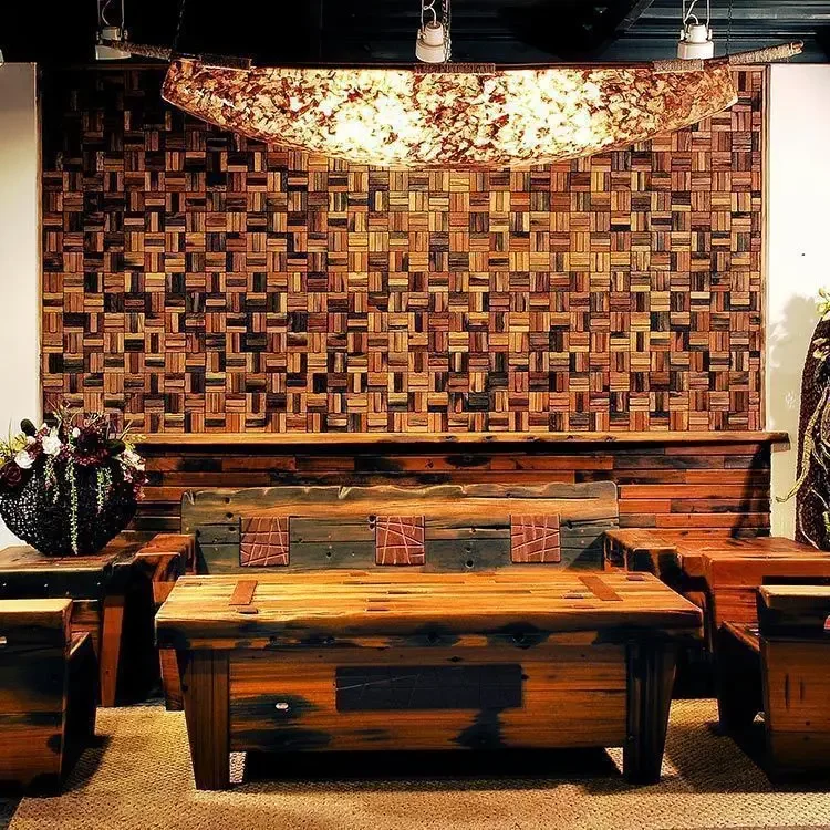 Mosaic three horizontal three vertical concave and convex small wooden strip edging boat wood mosaic living room background wall