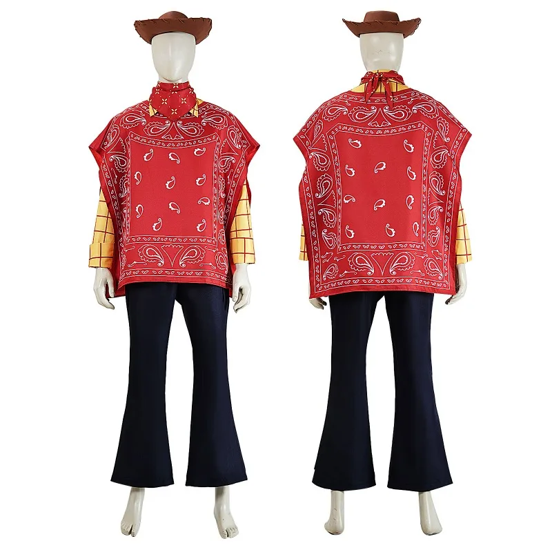 

Cowboy Cosplay Costume Red Bandana Cape Yellow Plaid Shirt Dark Flare Pants with Hat Full Outfit for Halloween Carnival Party