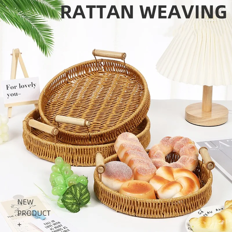 

Handwoven Rattan Storage Tray With Wooden Handle Round Wicker Basket Bread Food Plate Fruit Cake Platter Dinner Serving Tray EL