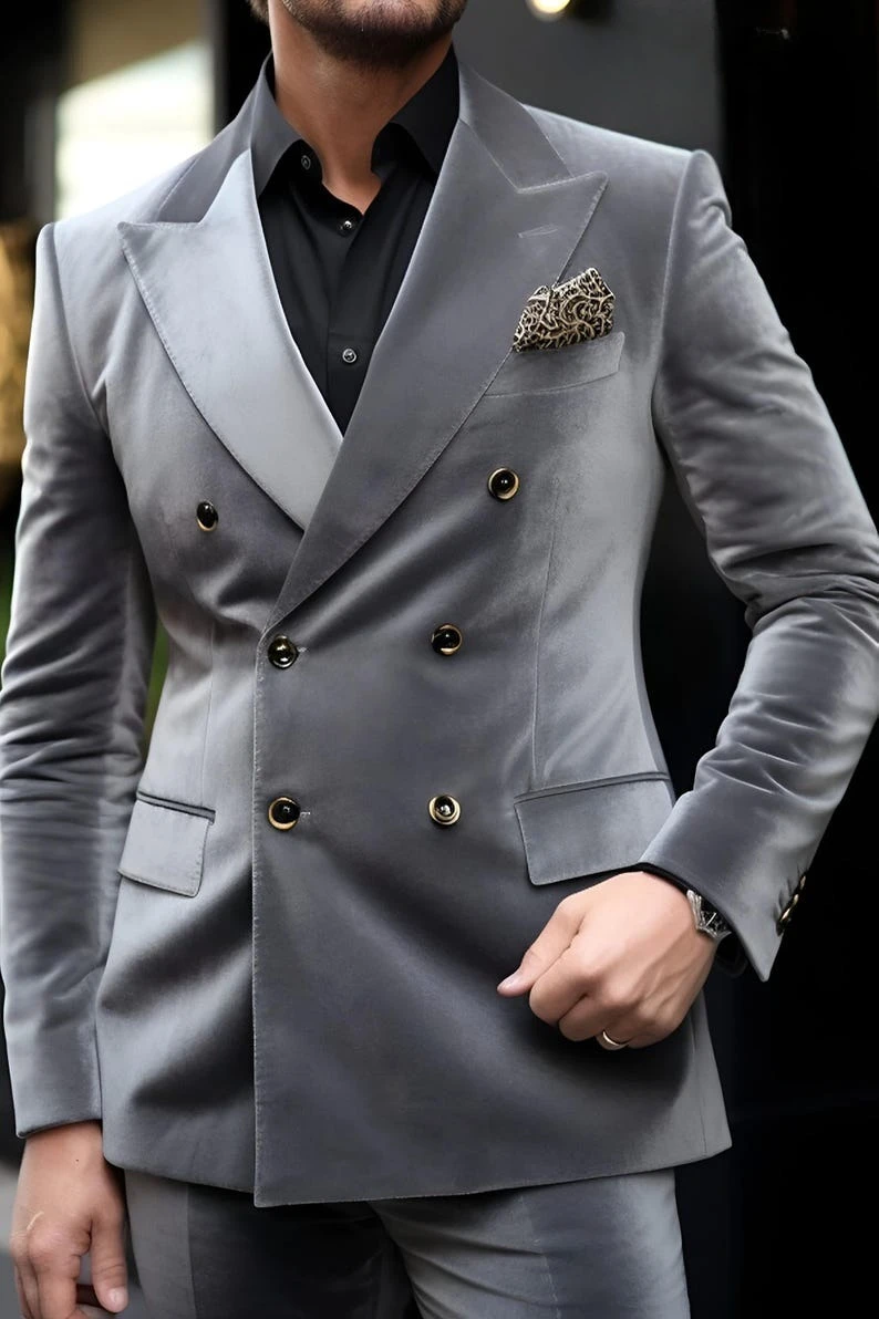 

Grey Velvet Two Piece Double Breasted Suit For Men Jacket For Men