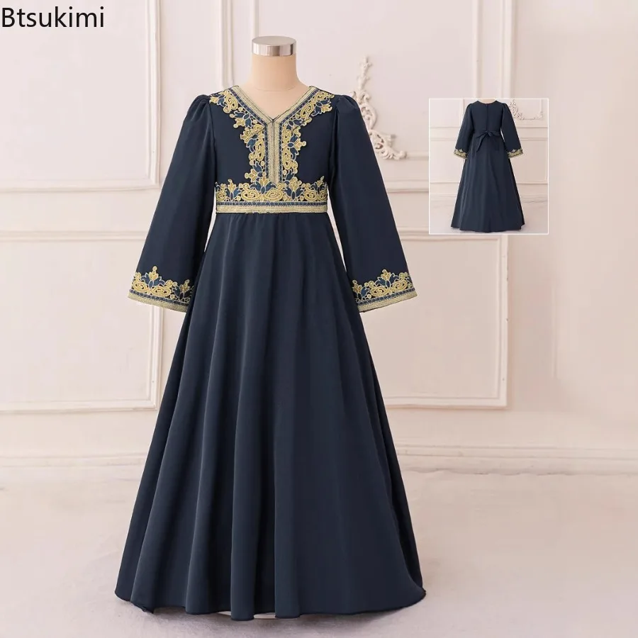 이드 무슬림 어린이 드레스 사우디 두바이 아바야 라마단 기도복 긴 소매 카프탄 아랍 이슬람 캐주얼 로브 소녀 파티 드레스